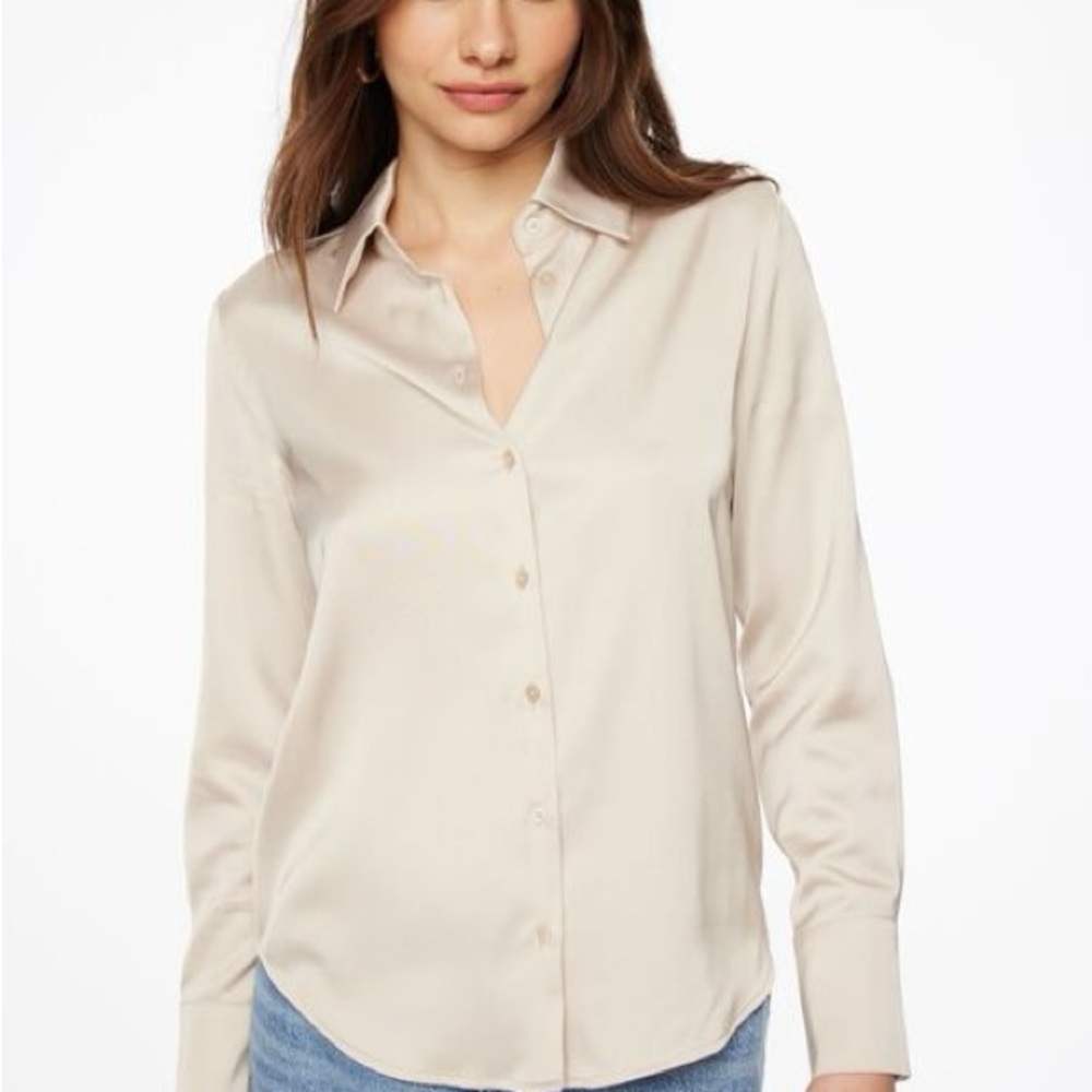 Dynamite Matisse Slim Satin Button Down Shirt in Polished Pearl Beige